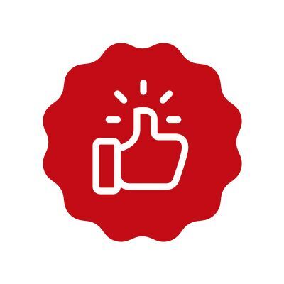Symbol pozytywnej oceny z kciukiem w górę na czerwonym tle.